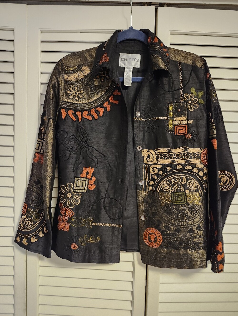 Chico's Black Embroidered Patchwork Blazer with Orange & Gold Accents 100% Silk